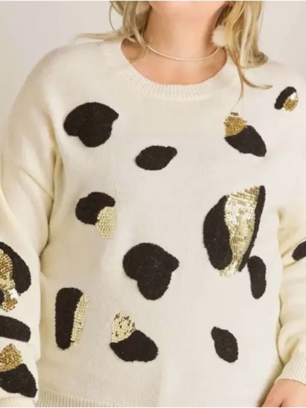 ADORA Cream Crewneck Sweater with Black & Gold Sequin Spots